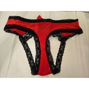 Red‎ Black Lace Open Crotch Bow Tie Lingerie Panties Plus Size 3XL